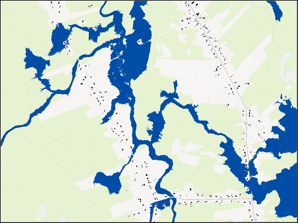 Example of inland flood hazard area (blue) of a section of the Aboujagane River in Beaubassin East